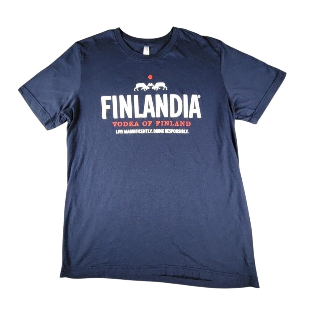 Canvas Finlandia Vodka Shirt Mens Large Blue Graphic T-Shirt Tee Alcohol Logo